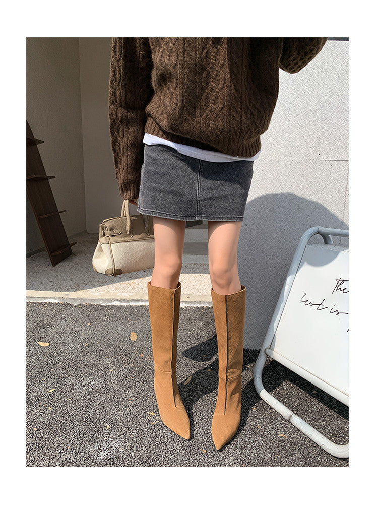 Karin Luna In Stock Spot Goods Retro Cowhide Pointed Toe Stiletto Elegant Long Boots