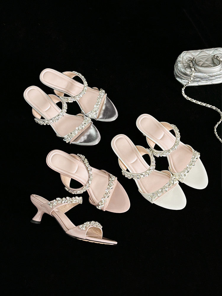 Karin Luna Exquisite Round Toe One-Strap Rhinestone Thin Heel Slippers