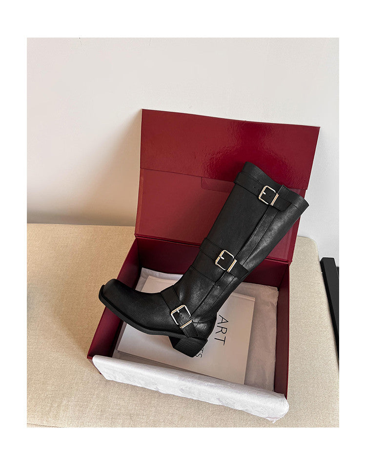 Karin Luna In Stock In Stock European and American Style Square Toe Thick Sole Belt Buckle Long Boots