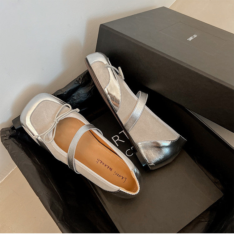 Karin Luna In Stock Spot Goods    Color Block Cowhide Leather Square Toe Slip-On Height Increasing Bowknot Flats