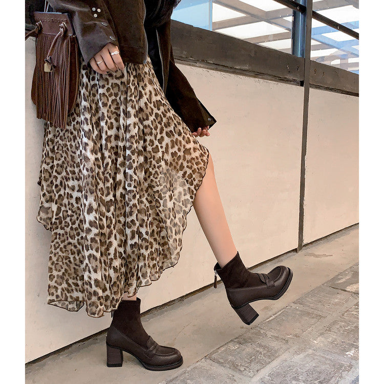 Karin Luna Hot-Selling Element Round Toe Elephant Pattern Elastic Thick Heel Short Boots