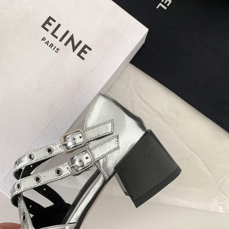 Karin Luna In Stock Spot Goods First Layer Sheepskin Cross Strap Rivet Square Toe Mary Jane Sandals
