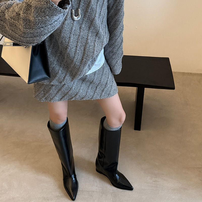 Karin Luna Elegant Style Pointed Toe Internal Height Increase Slip-On Long Boots