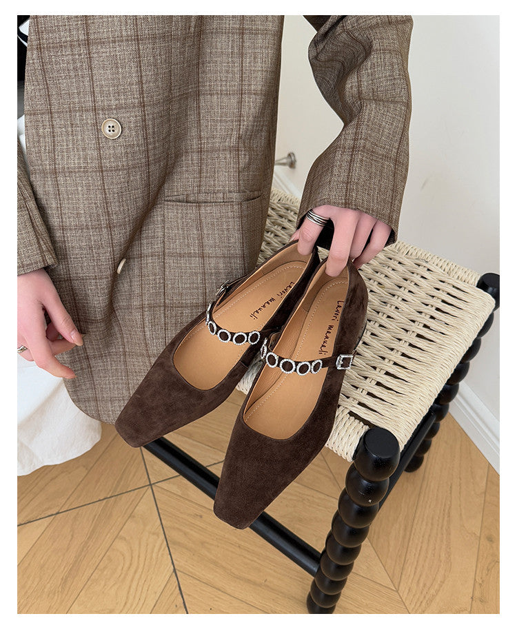 Karin Luna In Stock Spot Goods  Vintage Full Leather Square Toe Rhinestone Strap Shallow Mouth Single Shoes