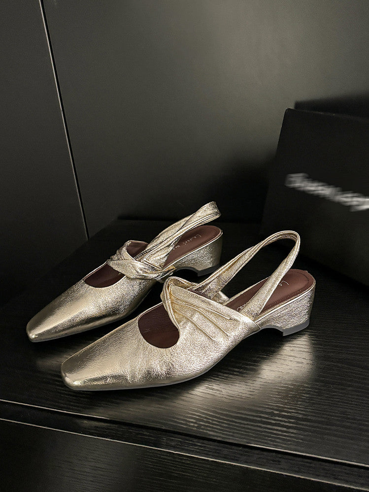 Karin Luna In Stock  Spot Goods Small Square Toe Wrinkled Chunky Heel Closed-Toe Sandals