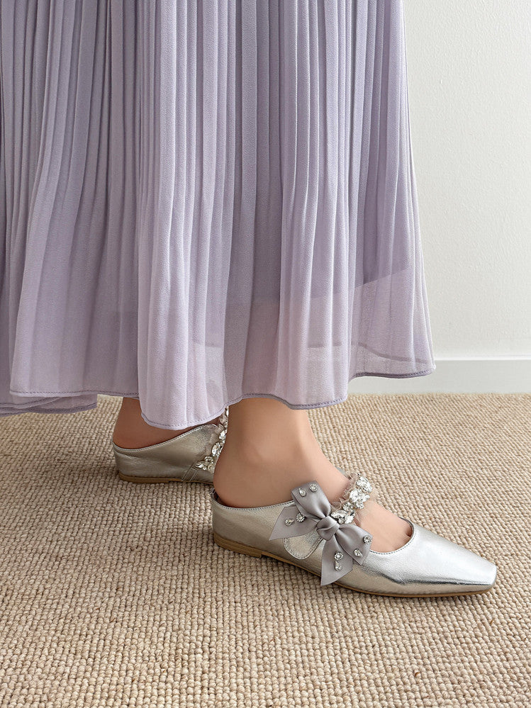 Karin Luna Handmade One-Strap Rhinestone Ribbon Square-Toe Mules