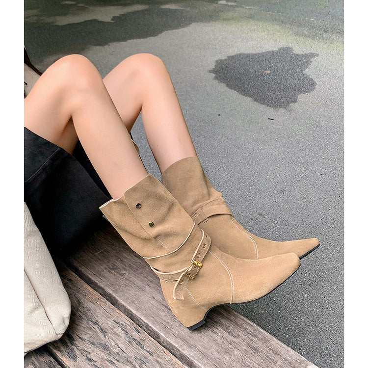 Karin Luna Foldable Belt Buckle Square Toe Hidden Wedge Short Boots