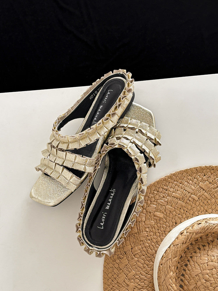 Karin Luna In Stock   Spot Goods  Niche Design Square-Toed Pleated Flat Slippers