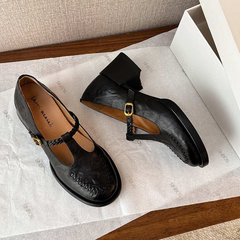 Karin Luna In Stock Spot Goods Vintage Braided Twist High Heels T Round Toe Thick Sole Single Shoes