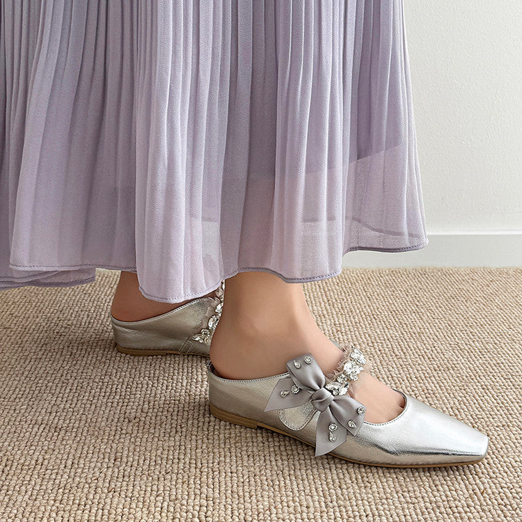 Karin Luna Handmade One-Strap Rhinestone Ribbon Square-Toe Mules