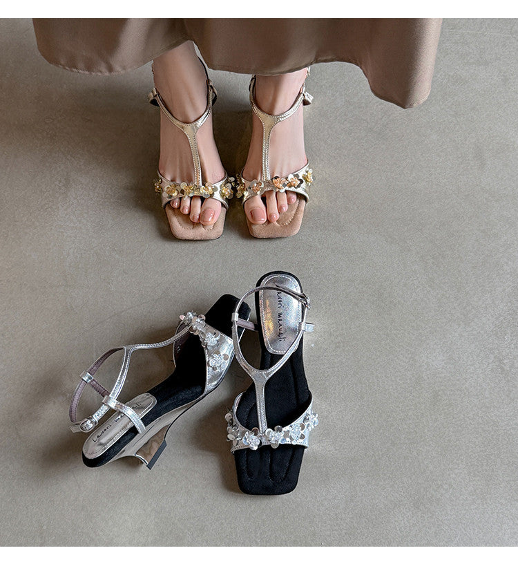 Karin Luna Hot-Selling Sequin Floral Series ~  Square Toe Irregular Heel Square Toe Sandals