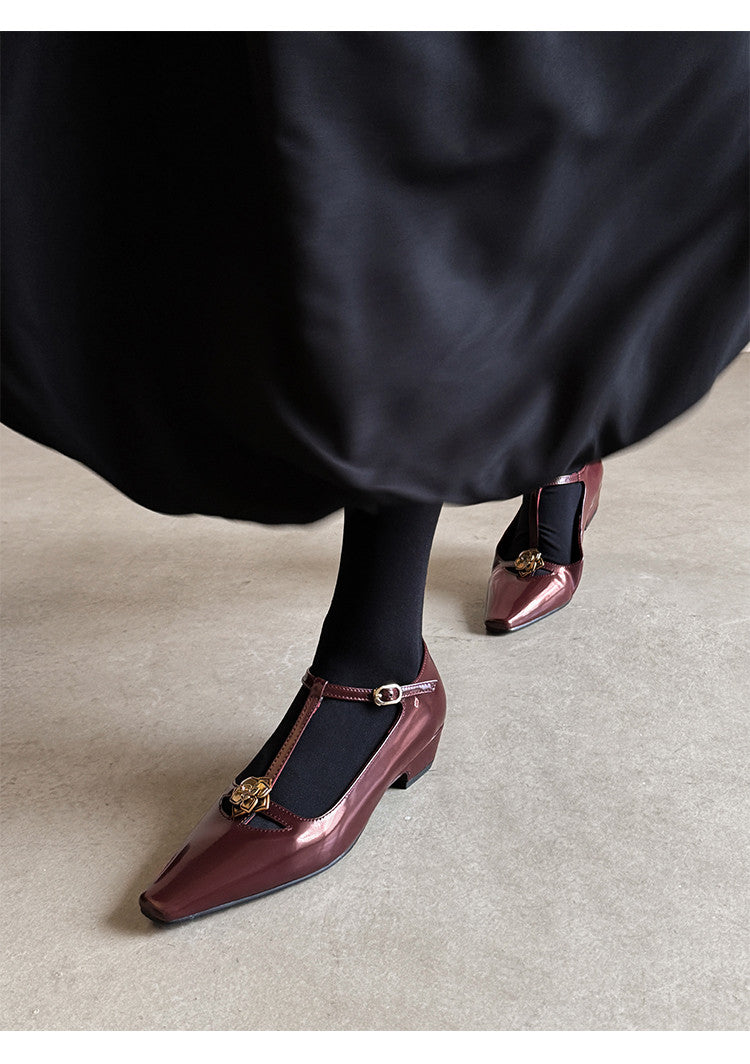 Karin Luna In Stock Spot Goods    Retro Classic Metal Camellia Irregular Heel Single Shoes
