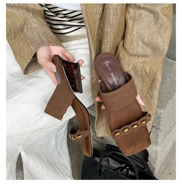 Karin Luna Hot-Selling Element Amber Heel~Spot Goods Spot Goods  Vacation Style One-Strap Amber Irregular Heel Slippers