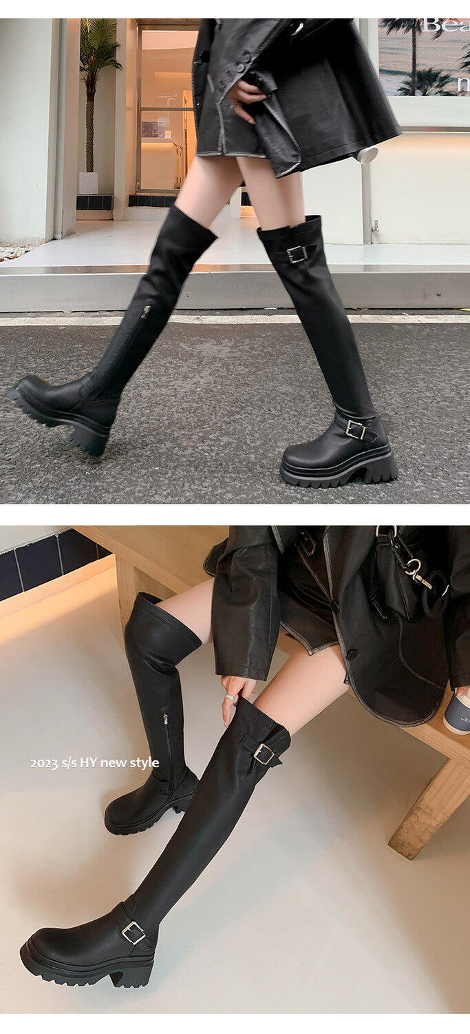 Karin Luna In Stock   Thick Sole Round Toe Basic Versatile Casual Long Boots