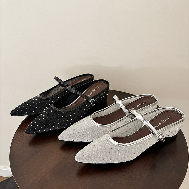 Karin Luna In Stock Spot Goods  Breathable Mesh Fabric Embellished Hand Drill Pointed Toe Slippers