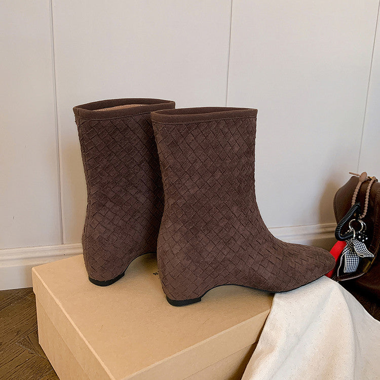 Karin Luna Handmade Woven Fabric Small Square Toe Hidden Heel Short Boots