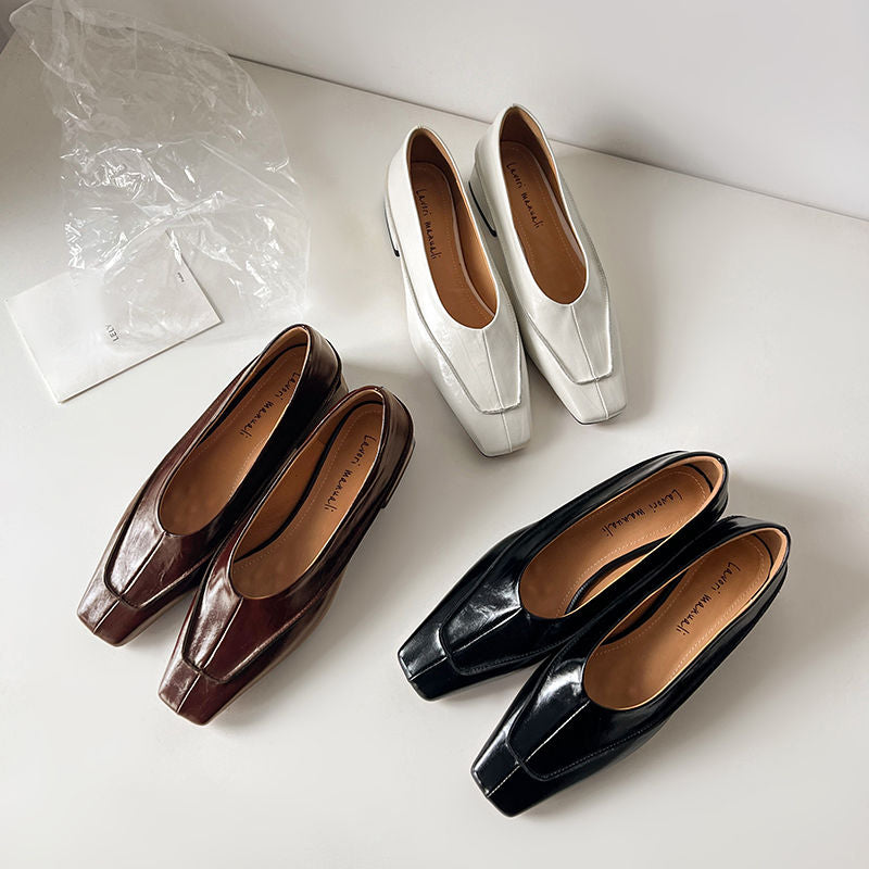 Karin Luna In Stock Spot Goods  Retro Full Leather Square Toe Shallow Mouth Single Shoes
