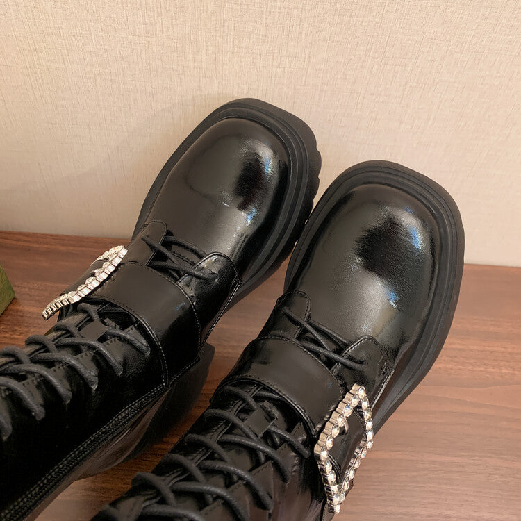 Karin Luna In Stock Spot Goods Bestselling Extended Version Rhinestone Square Buckle Thick Sole Lace-up Thick Sole Full Cowhide Knight Boots