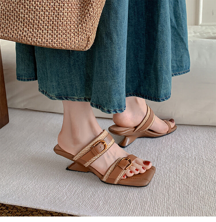 Karin Luna Hot-Selling In Stock  Retro Wedge Belt Square Toe Irregular Heel