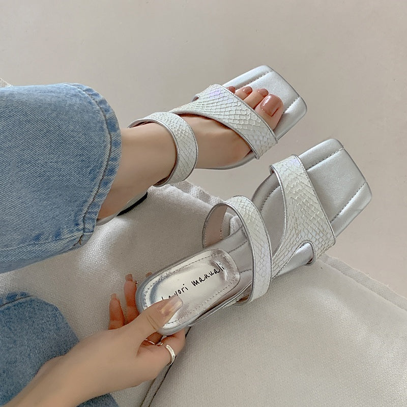 Karin Luna Fish Skin Series~Minimalist Square Toe Popular Irregular Heel Slippers