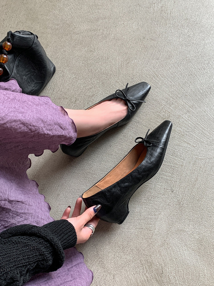 Karin Luna Full Layer Inside and Out~Basic Versatile Small Square Toe Butterfly Knot Irregular Heel Single Shoes