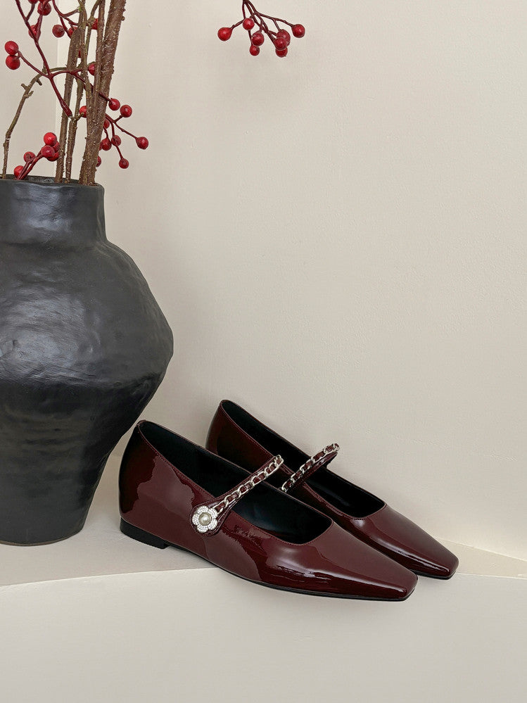 Karin Luna In Stock In Stock ~Metal One-Strap Pearl Small Square Toe Height-Increasing Flats