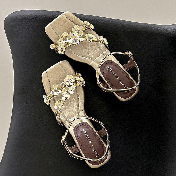 Karin Luna In Stock Spot Goods All the Best Square-Toed Sequin Flower Sandals