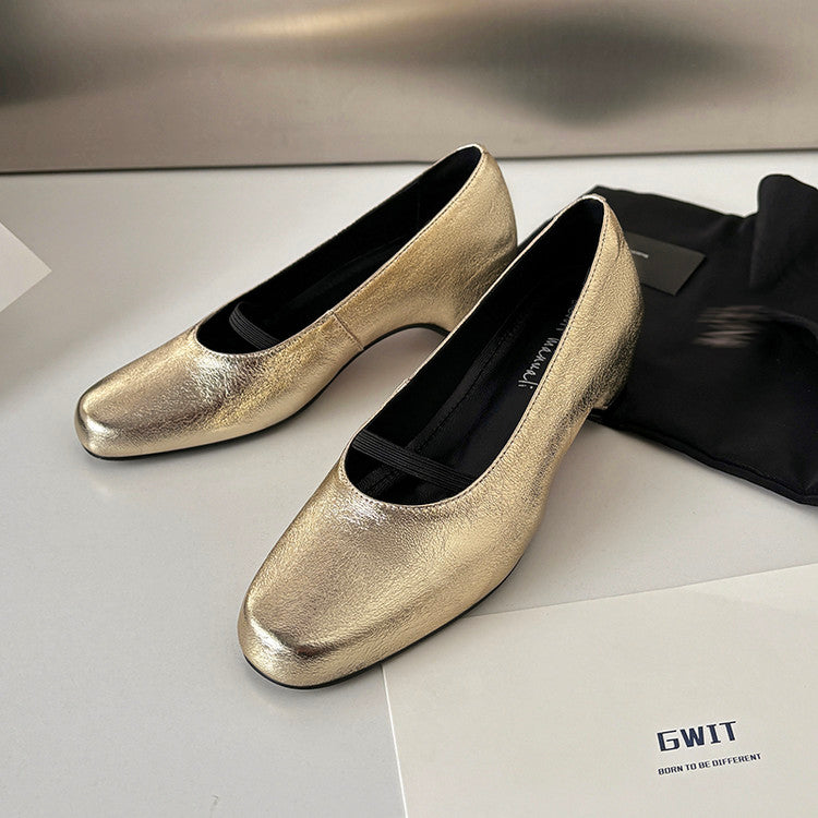 Karin Luna In Stock Spot Goods    Retro Elastic Band Chunky Heel Single Shoes