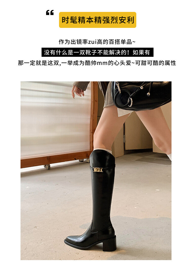 Karin Luna Hot-Selling Fasteners Sold as soon as listed Comes with data plan included Pointed Toe Chunky Heel Classic Full Cowhide Leather Riding Boots
