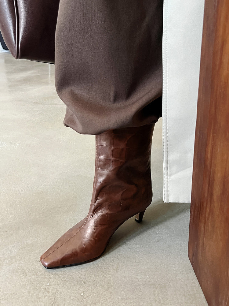 Karin Luna In Stock Spot Goods Top Layer Stone Pattern Cowhide Textured Small Square Toe Straight Short Boots