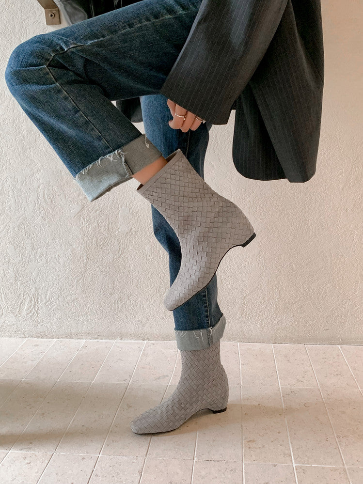 Karin Luna Handmade Woven Fabric Small Square Toe Hidden Heel Short Boots