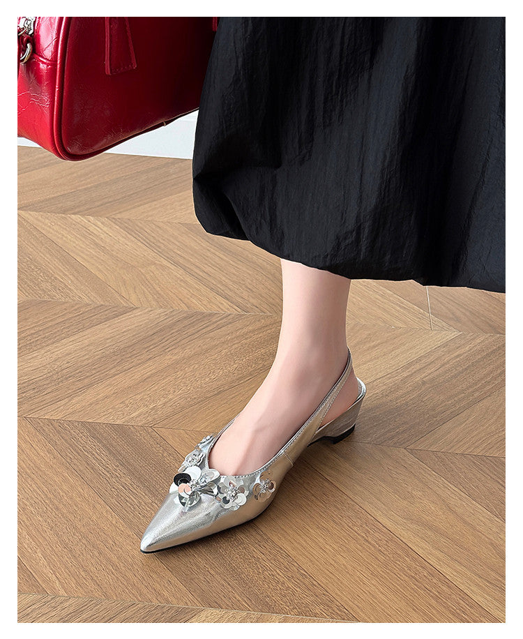 Karin Luna In Stock In Stock  Sequin Floral Pointed Toe Chunky Heel Closed-Toe Sandals