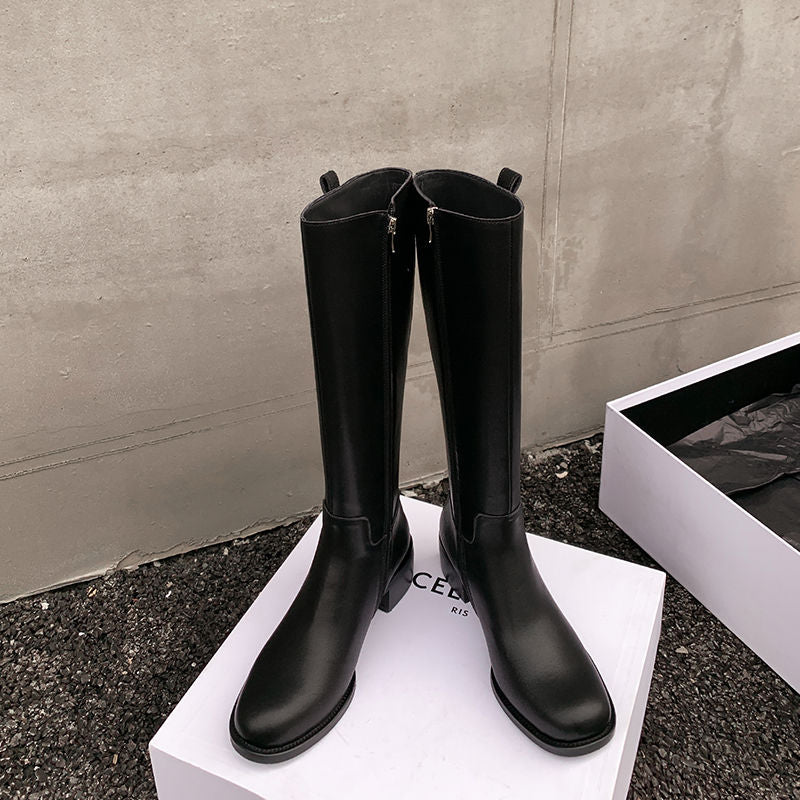 Karin Luna In Stock Spot Goods Basic Retro Square Toe Chunky Heel Riding Boots
