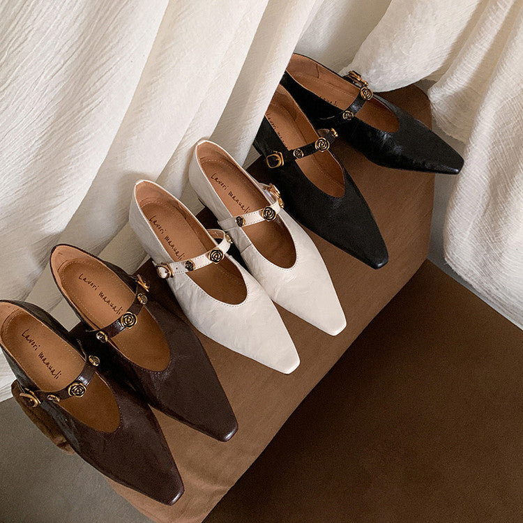 Karin Luna In Stock Spot Goods    Retro Classic Metal Camellia Irregular Heel Single Shoes