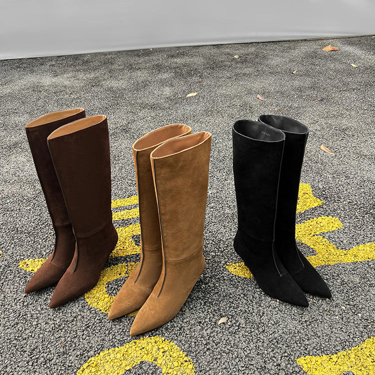 Karin Luna In Stock Spot Goods Retro Cowhide Pointed Toe Stiletto Elegant Long Boots