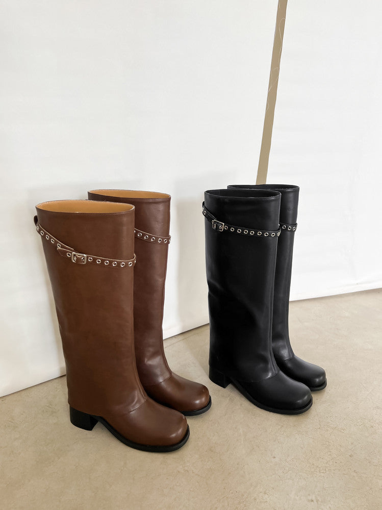 Karin Luna In Stock Spot Goods Belt Buckle Color-Washed Casual Thick-Soled Bootcut Pants Boots