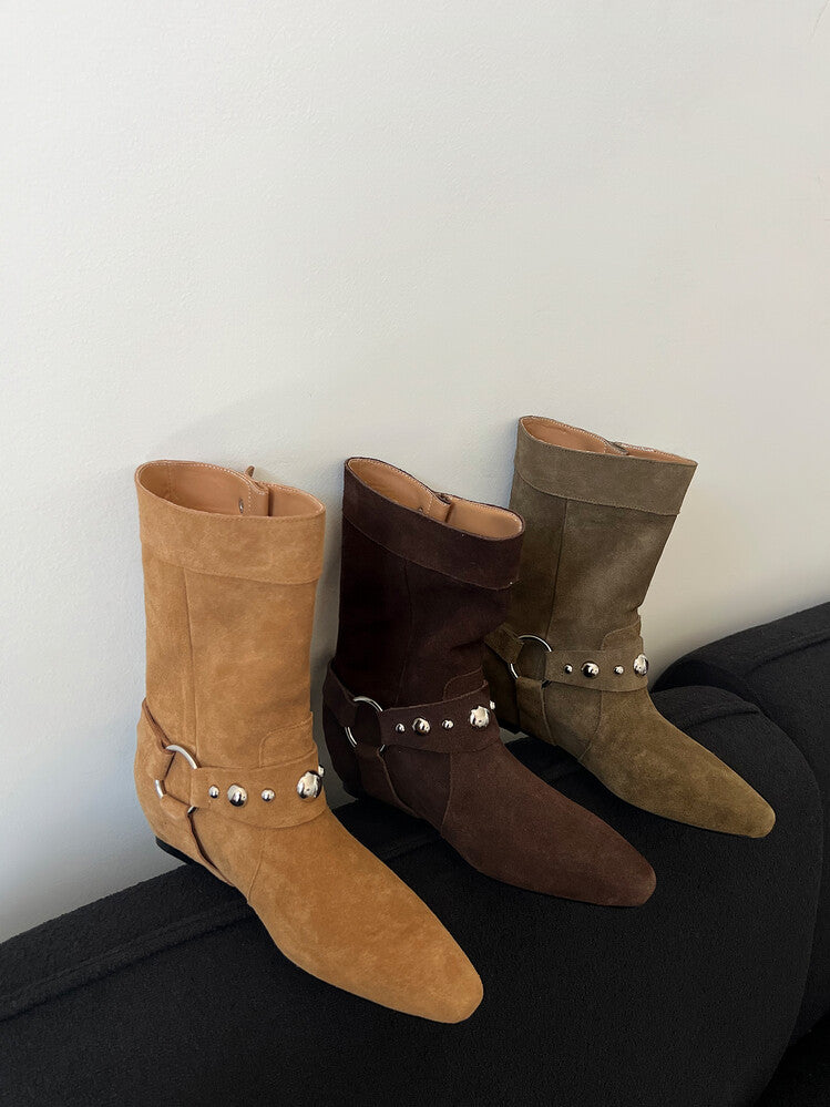 Karin Luna has prepared stock  Hot-Selling Retro Pointed Toe Wedge Metal Buckle High Tube Western Boots