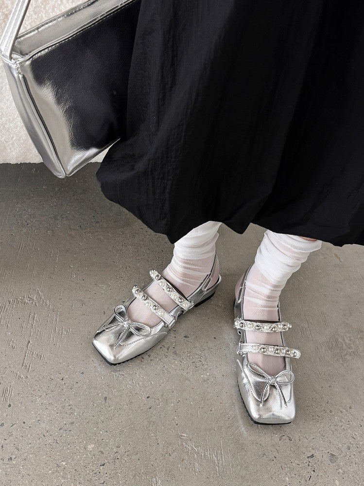 Karin Luna In Stock In Stock  Square Toe Bowknot Pearl Strap Closed-Toe Sandals