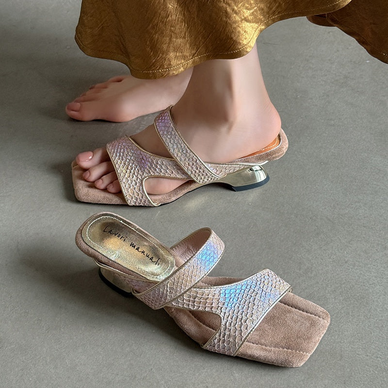 Karin Luna Fish Skin Series~Minimalist Square Toe Popular Irregular Heel Slippers