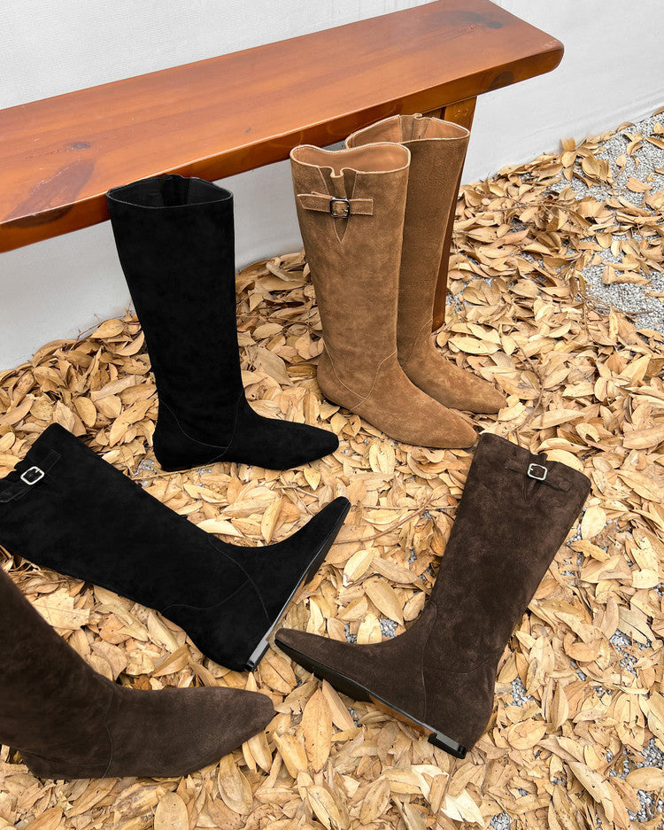 Karin Luna In Stock Spot Goods Vintage Cowhide Leather Chunky Heel Height Increasing Long Boots
