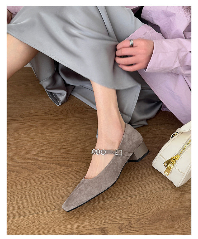 Karin Luna In Stock Spot Goods  Vintage Full Leather Square Toe Rhinestone Strap Shallow Mouth Single Shoes