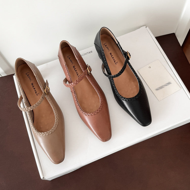 Karin Luna Braided Element Design Chunky Heel Square Toe Single Strap Shoes