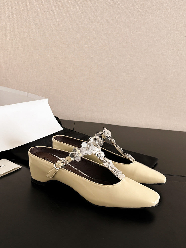 Karin Luna In Stock Spot Goods  T Handmade Sequin Flower Square Toe Height-Increasing Closed-Toe Slippers