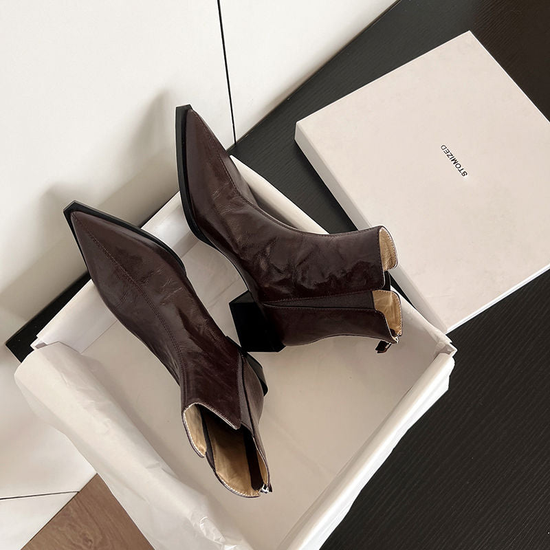 Karin Luna In Stock Spot Goods Elegant Stretch Fabric Patchwork Pointed Toe Chunky Heel Short Boots