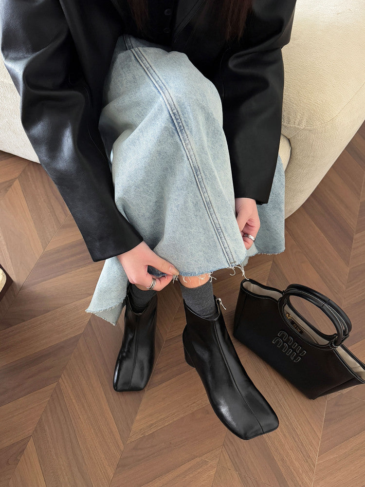 Karin Luna French Style Square Toe Chunky Heel Ankle Boots