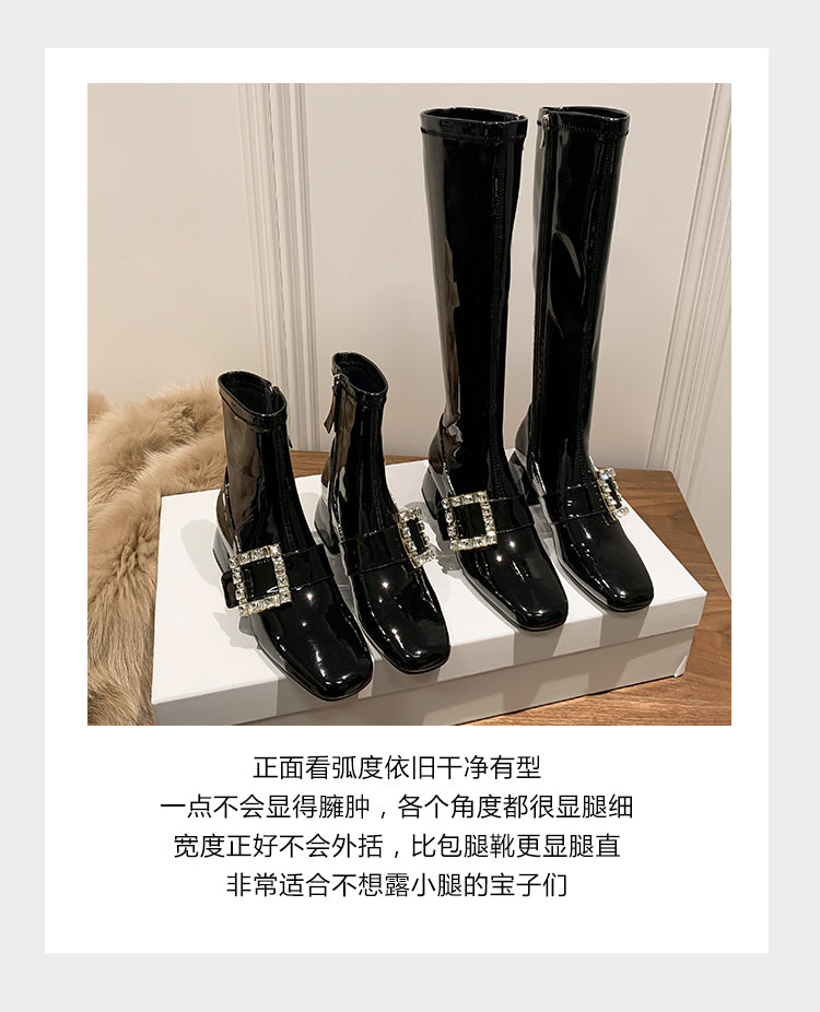 Karin Luna Elegant Style Ultra Slimming Rhinestone Chunky Heel British Style Riding Boots Long Boots