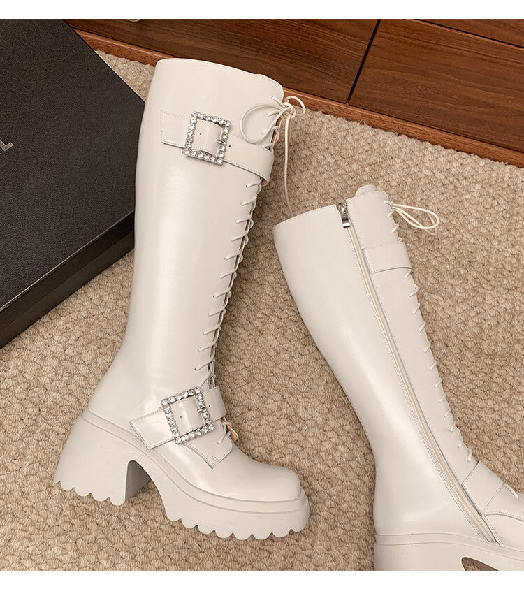 Karin Luna In Stock Spot Goods Bestselling Extended Version Rhinestone Square Buckle Thick Sole Lace-up Thick Sole Full Cowhide Knight Boots