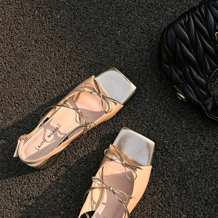 Karin Luna In Stock Spot Goods Square Toe Double Bow Thick Heel Sandals