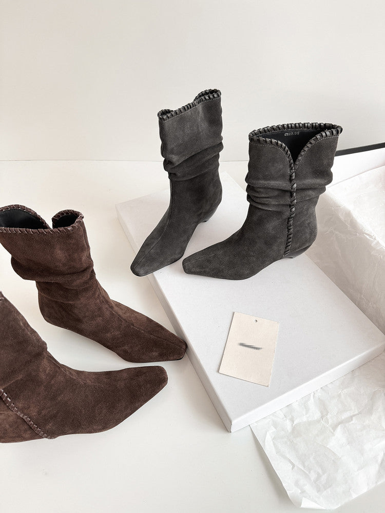 Karin Luna Elegant Style Small Square Toe Pleated Short Boots