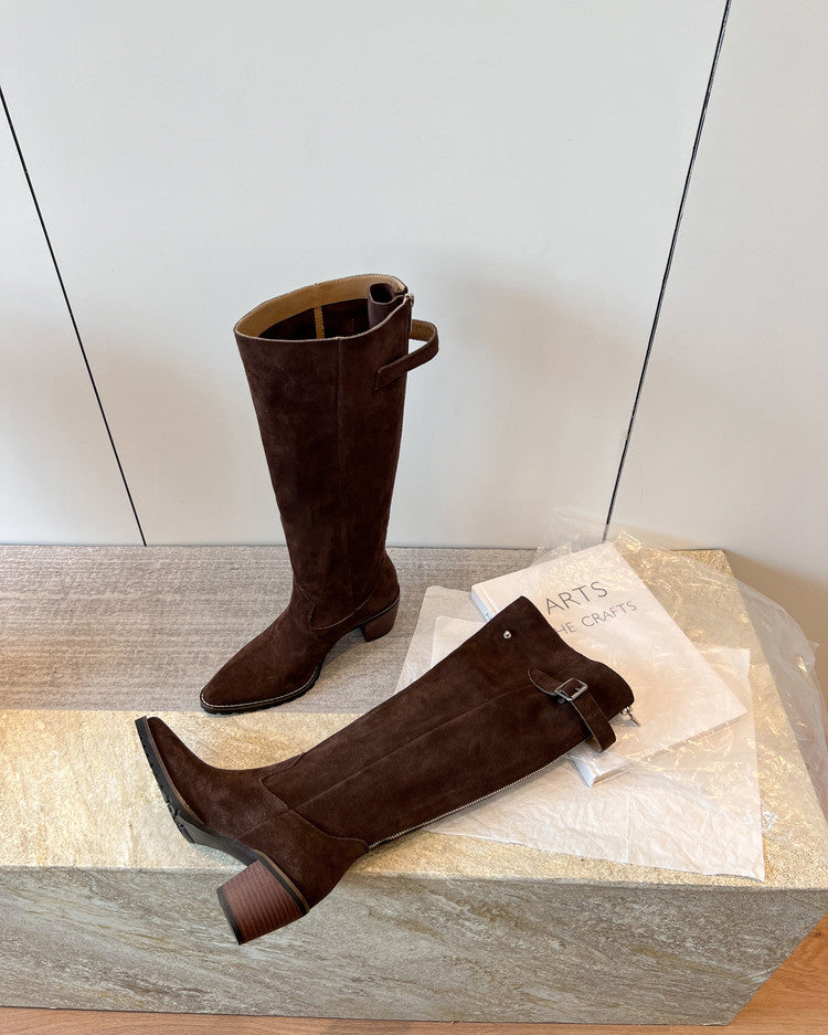 Karin Luna In Stock Spot Goods Retro Cowhide Leather Chunky Heel Suede Long Boots